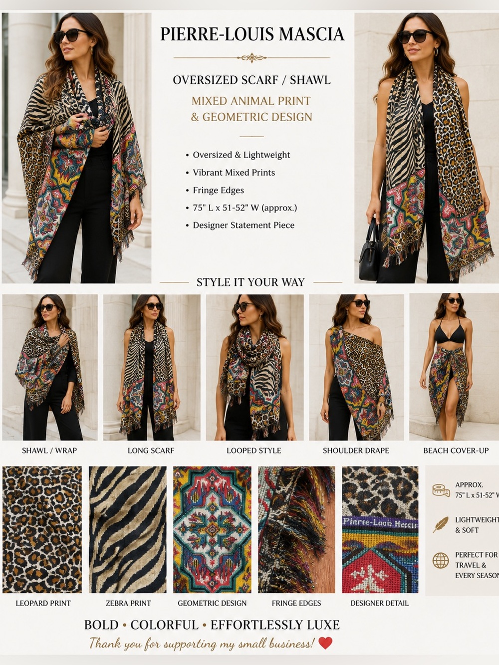 Pierre-Louis Mascia Oversized Scarf Shawl Animal Print Zebra Leopard Multicolor